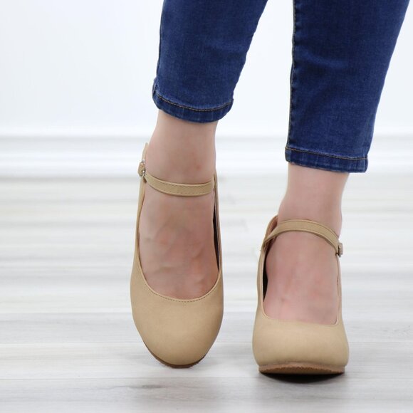 Faux Nubuck Leather Low Wedge Classy Heel - Picture 9 of 13